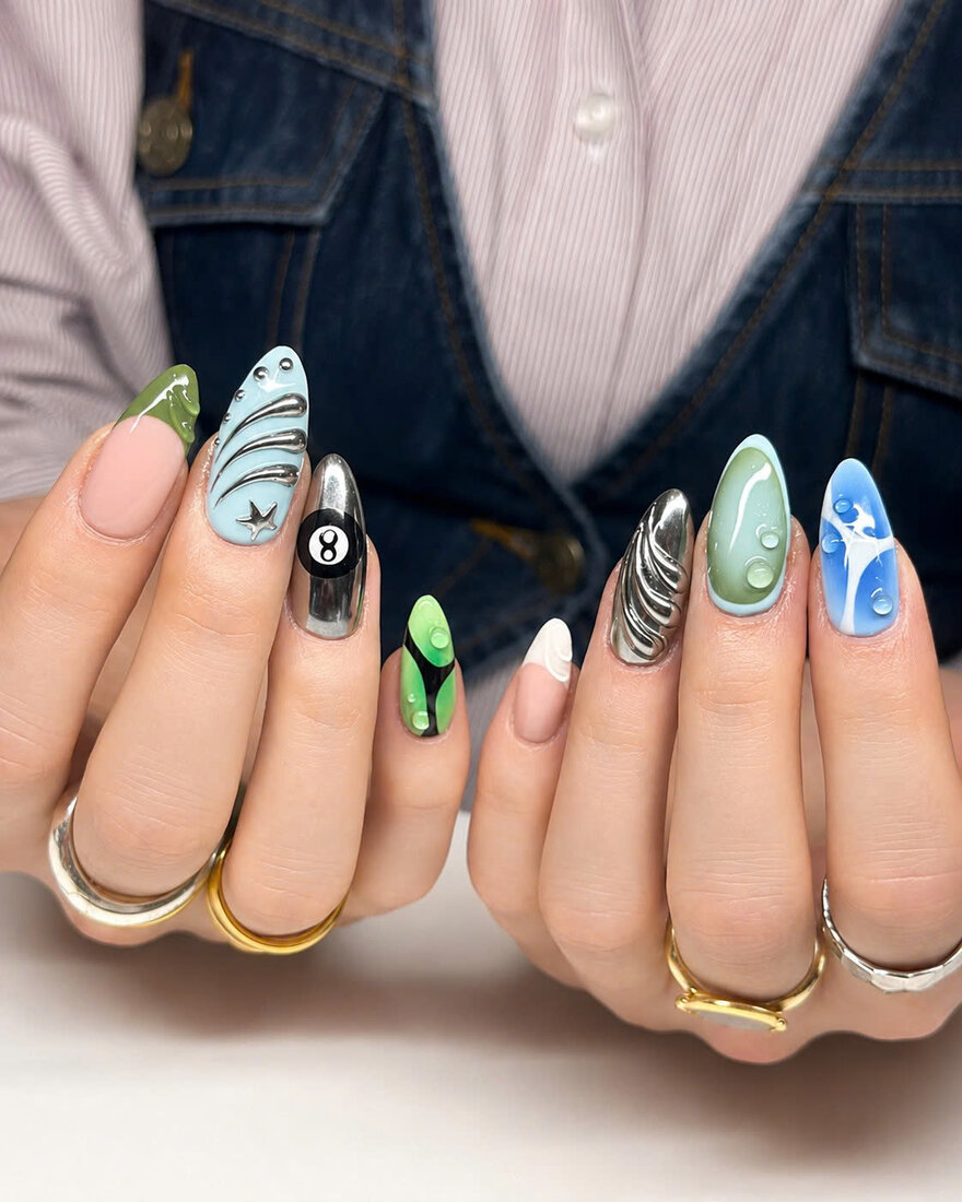 Custom abstract chrome 3D nail art design