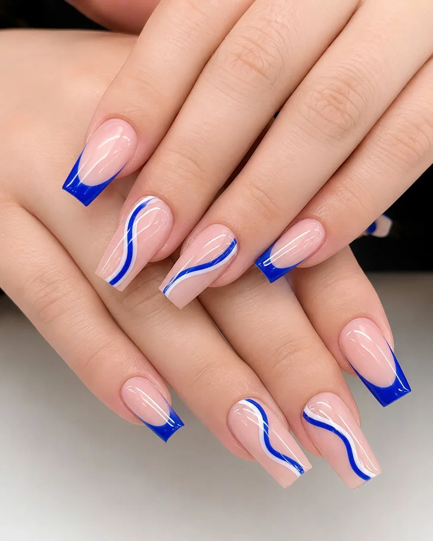 Blue French tip wave nail art at Perfection Nail Spa VI Hamburg NY
