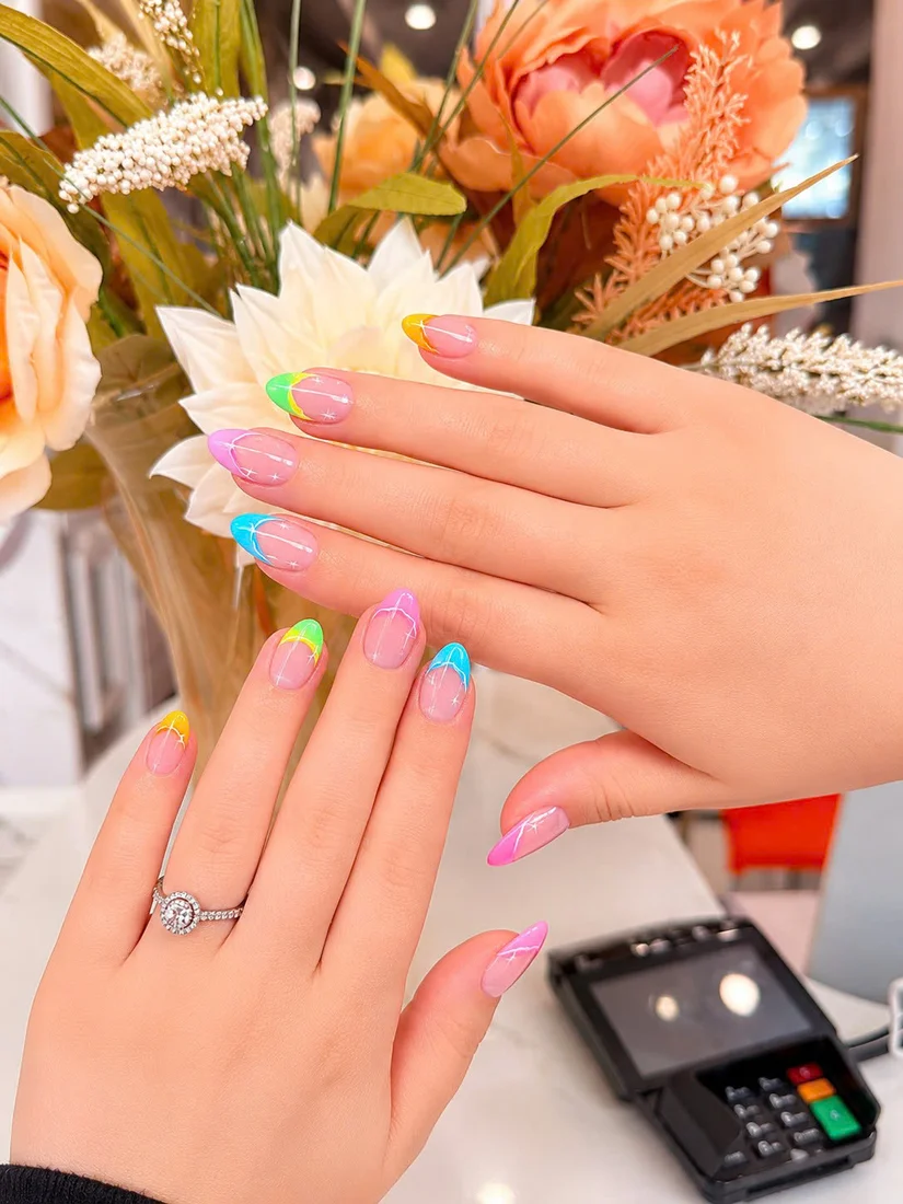 Rainbow French tip nails by Perfection Nail Spa VI Hamburg NY