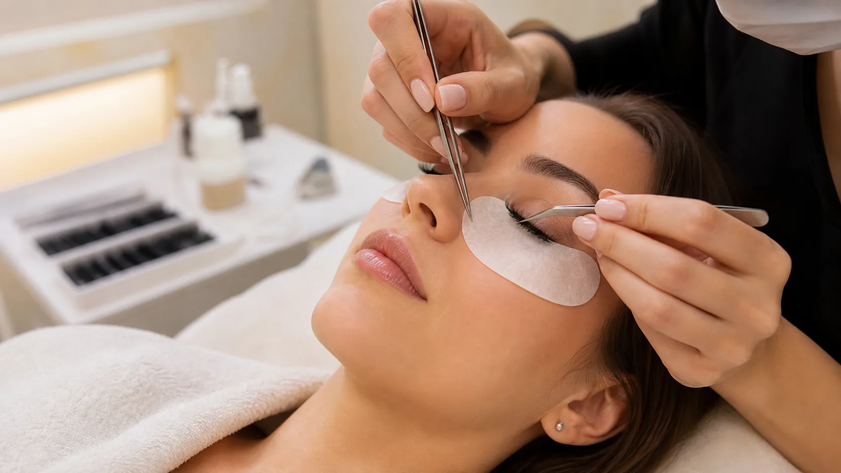 Professional eyelash extension application in a clean spa room