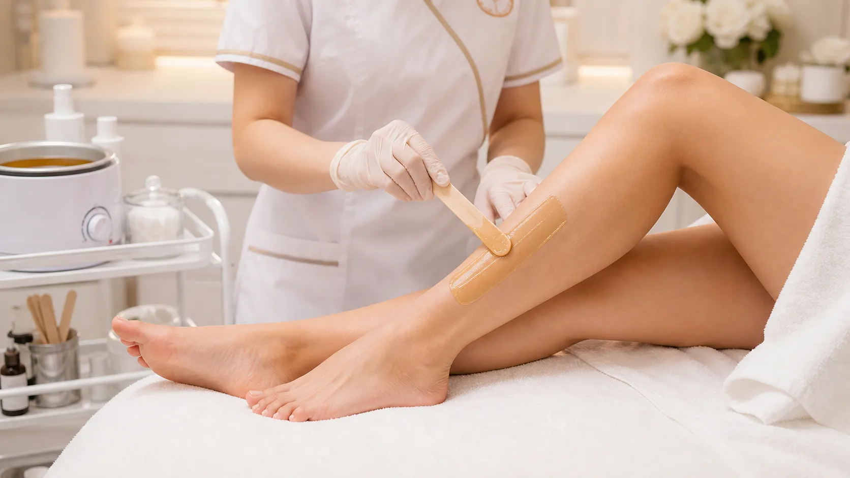 Professional waxing service with warm wax in a clean spa room